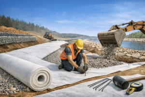 Geotextile installation at construction site