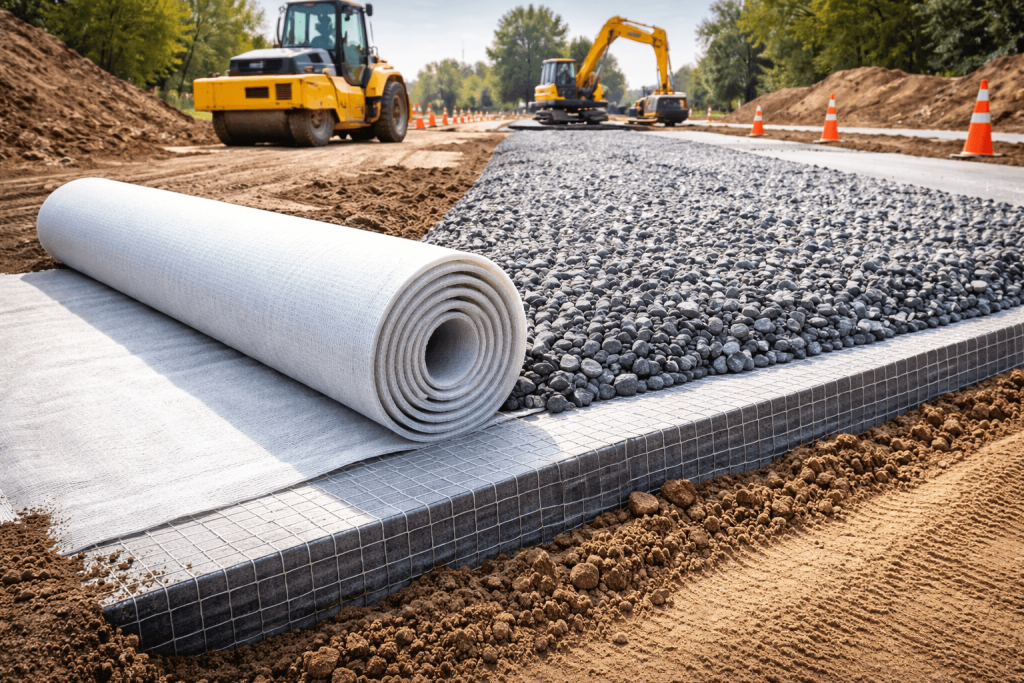 Road construction with geotextile stabilization